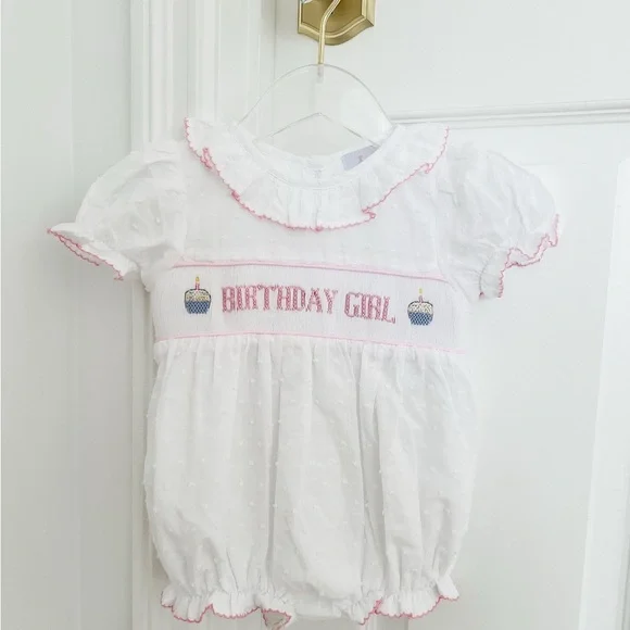 White and Pink Birthday Girl Smocked Bubble Romper - Picture 2 of 5